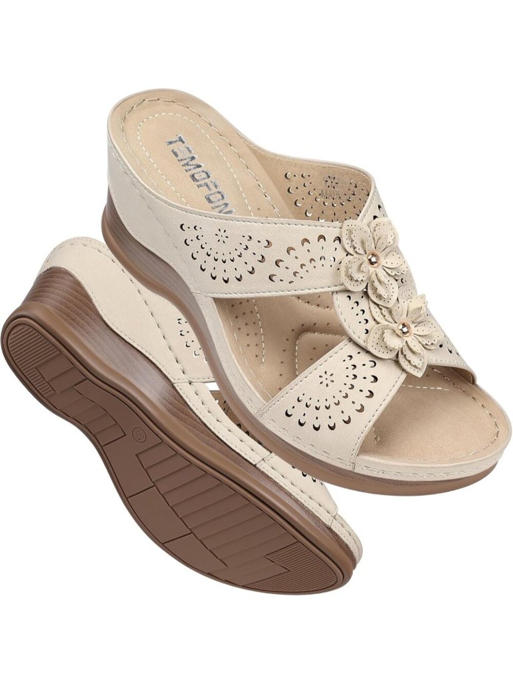 Women's Beige Wedge Sandals Leather Comfortable Walking Fit Wide Foot Shoes
